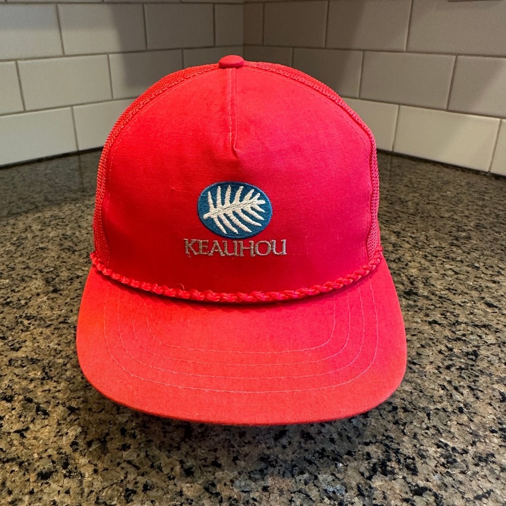 Vintage Keauhou Hawaii Derby Cap Rope Trucker Hat Snapback Red Mesh Green Brim